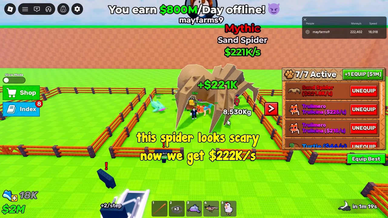 Mythic Sand Spider with the native income label $221K/s. The hover weight reads 8,530Kg.