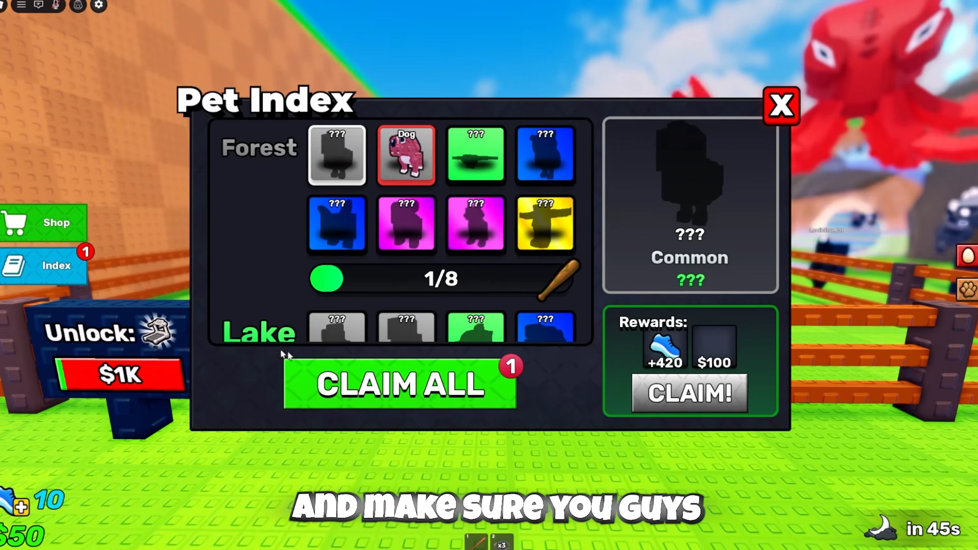 Pet Index with Dog in the Forest row and a green CLAIM ALL button carrying a 1 badge.