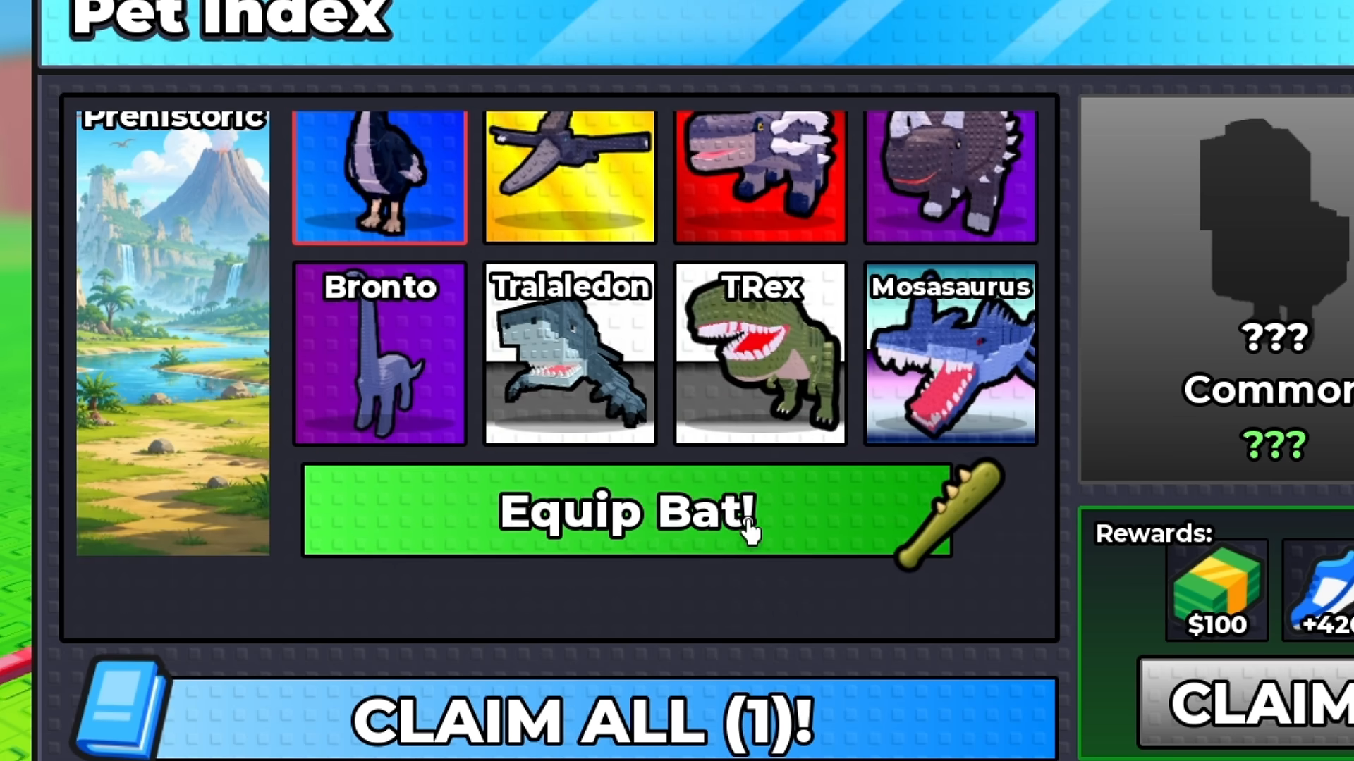 Completed Prehistoric page with eight pet cards and the green Equip Bat! control.