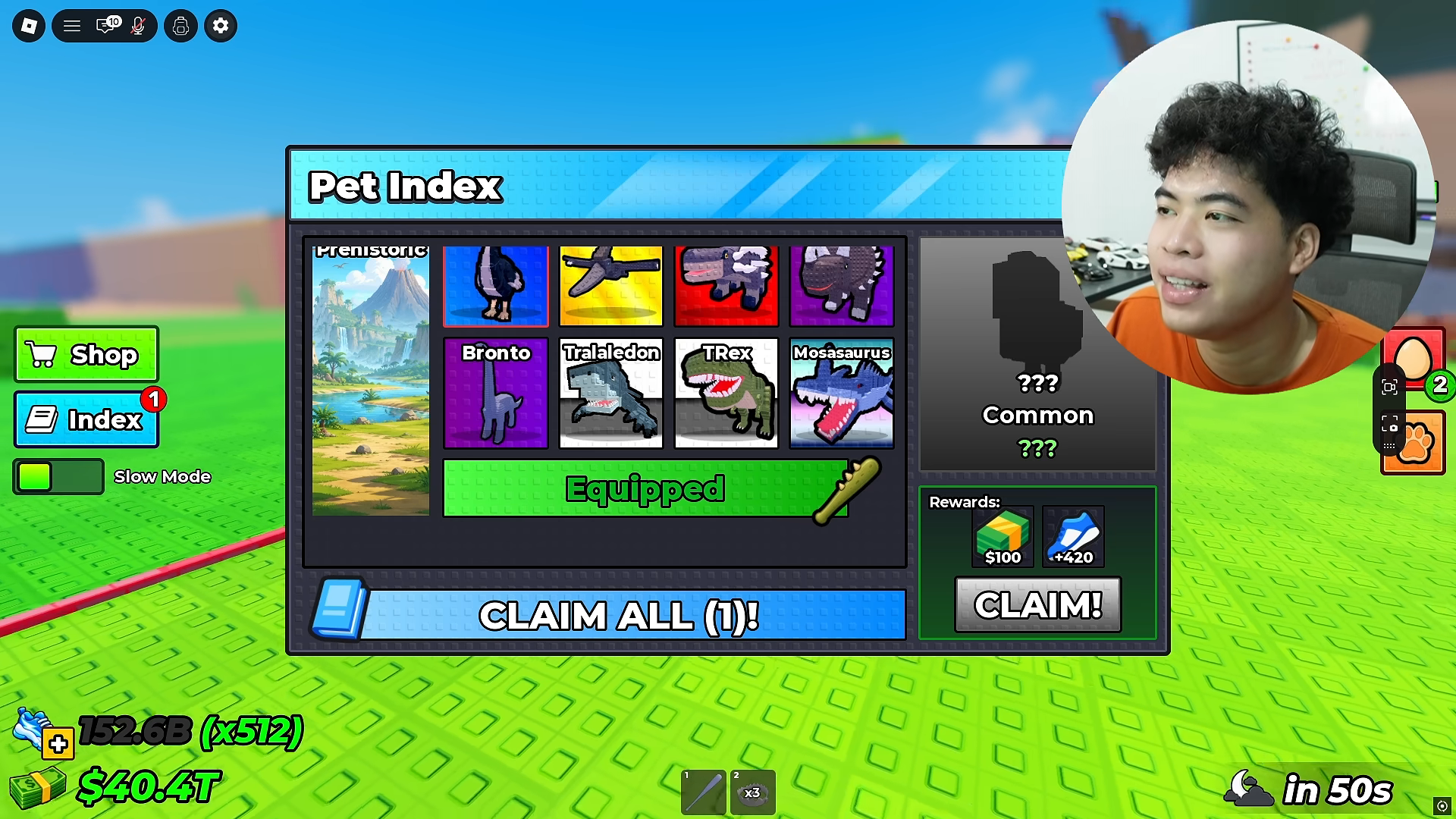 Prehistoric page now reads Equipped while CLAIM ALL (1)! remains at the bottom.
