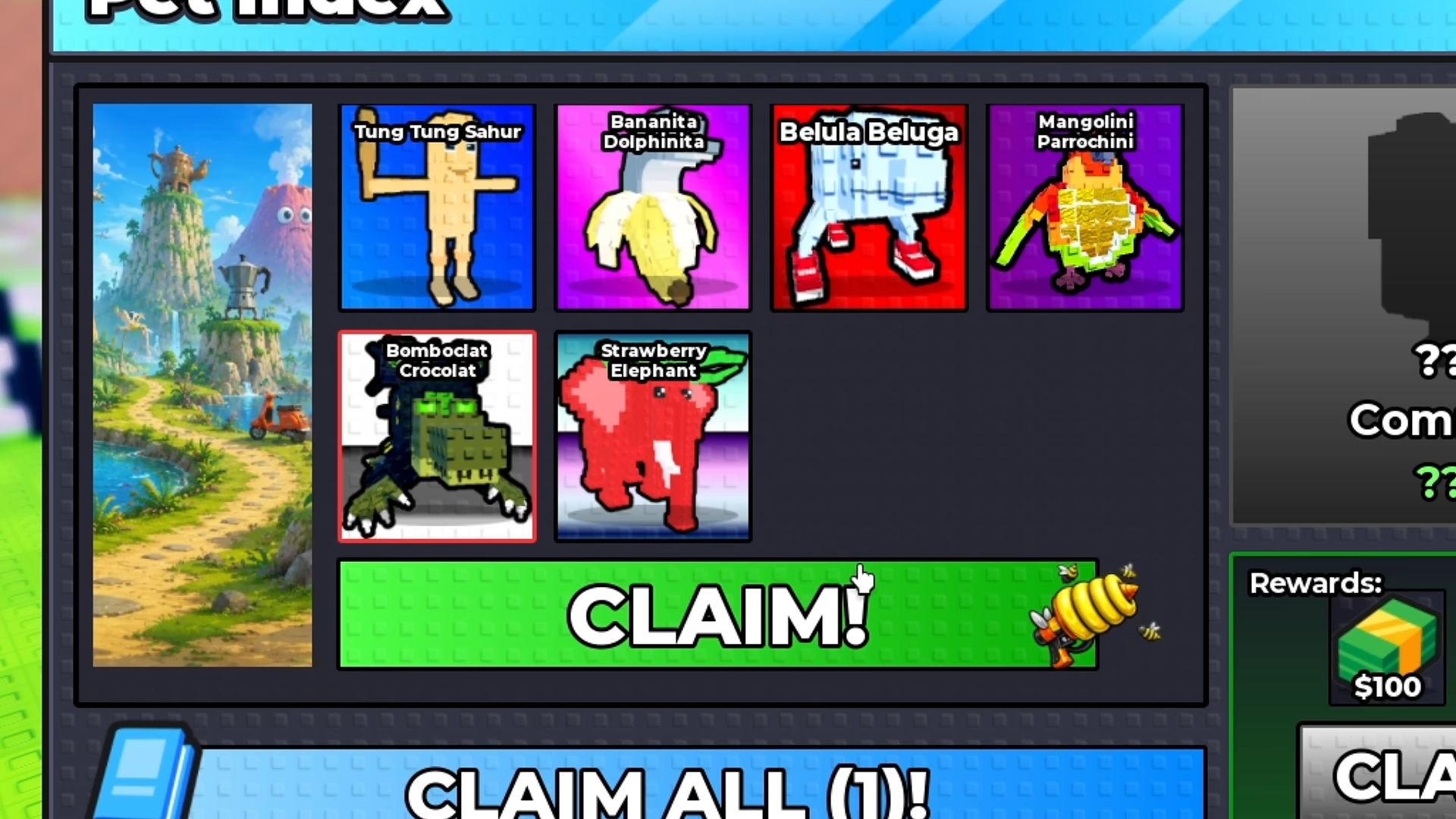 Six named pet cards, including Bomboclat Crocolat and Strawberry Elephant, above CLAIM! and a yellow gun icon.