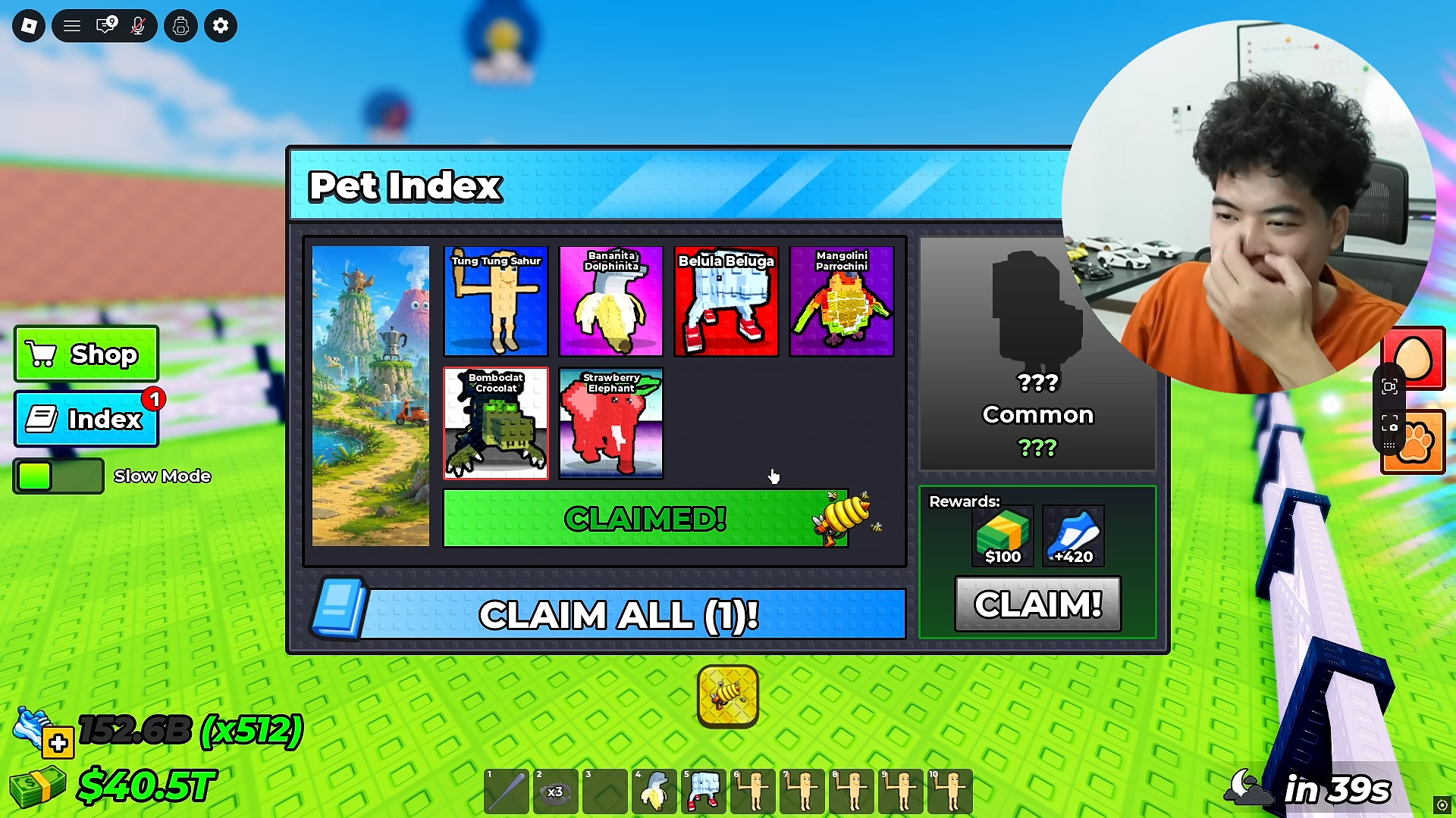 The six-card page reads CLAIMED! and a yellow gun reward icon appears below the panel.
