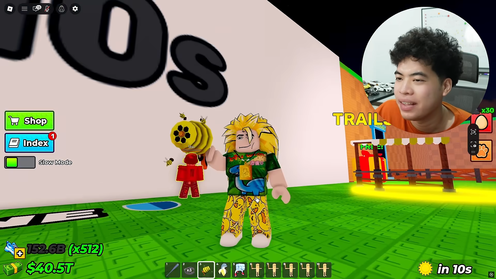 Character holds the yellow gun with its icon selected in item-bar slot 3.
