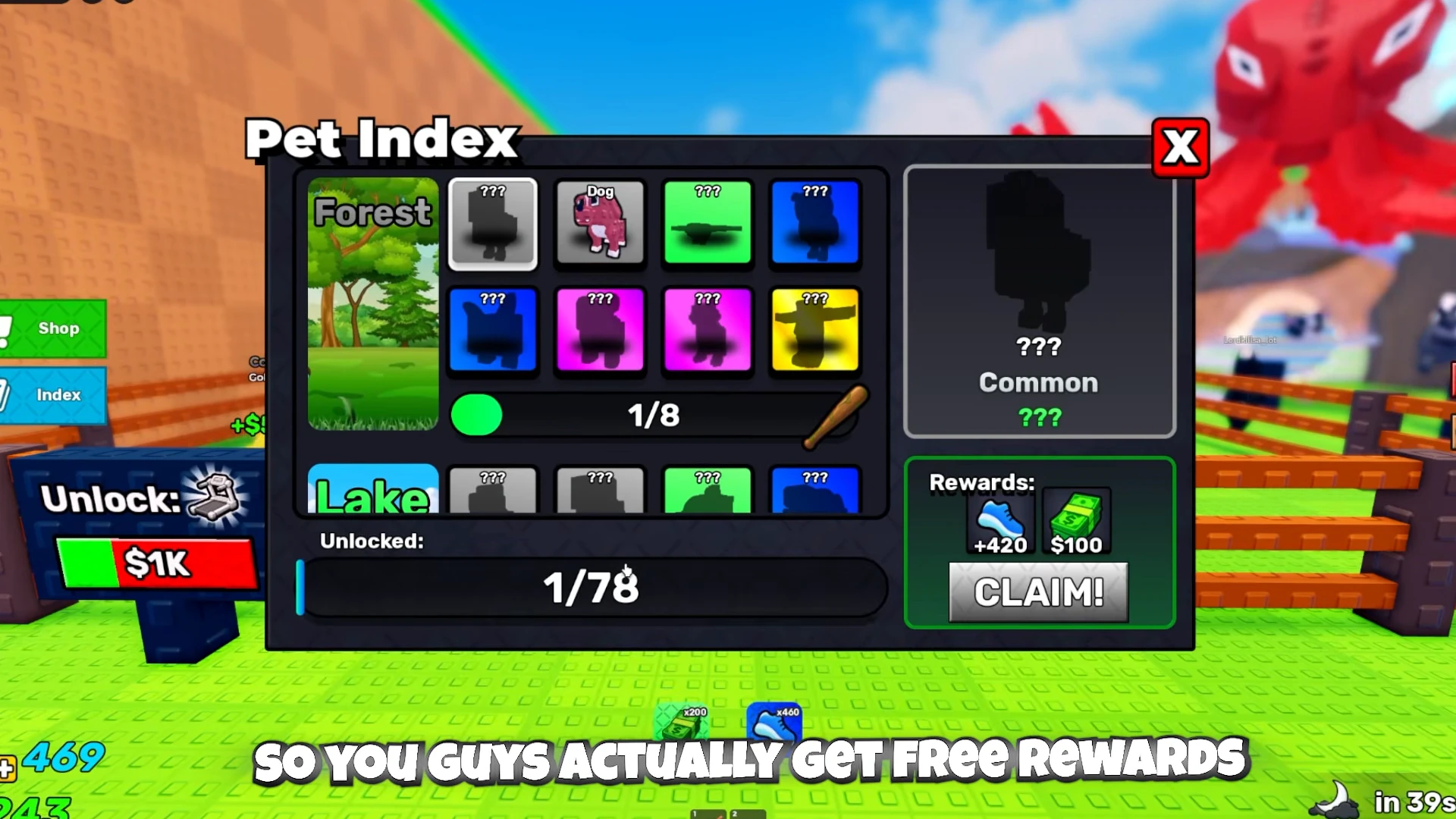 After CLAIM ALL, the pending badge is gone and cash x200 and speed x460 reward icons appear below the Pet Index.