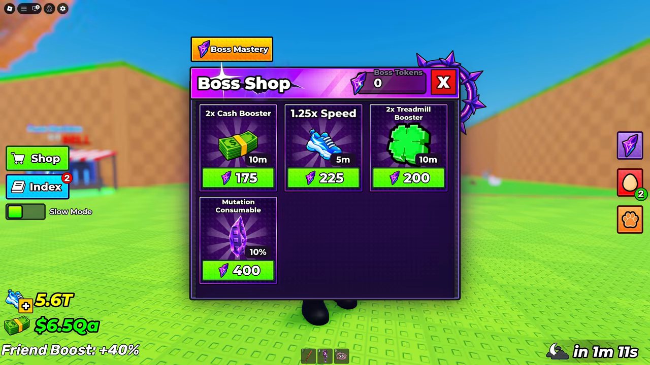 Boss Shop panel showing Boss Tokens, Boss Mastery and booster or consumable cards, without a visible code-input field.