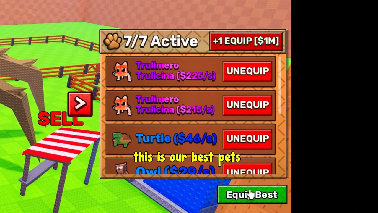 Pet panel showing seven of seven active, older pets and an Equip Best button before the new Sand Spider appears at the top.