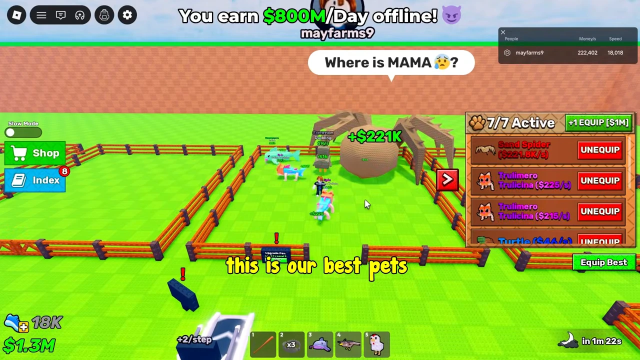Pet panel still showing seven of seven active but now listing Sand Spider first at $221.8K per second.