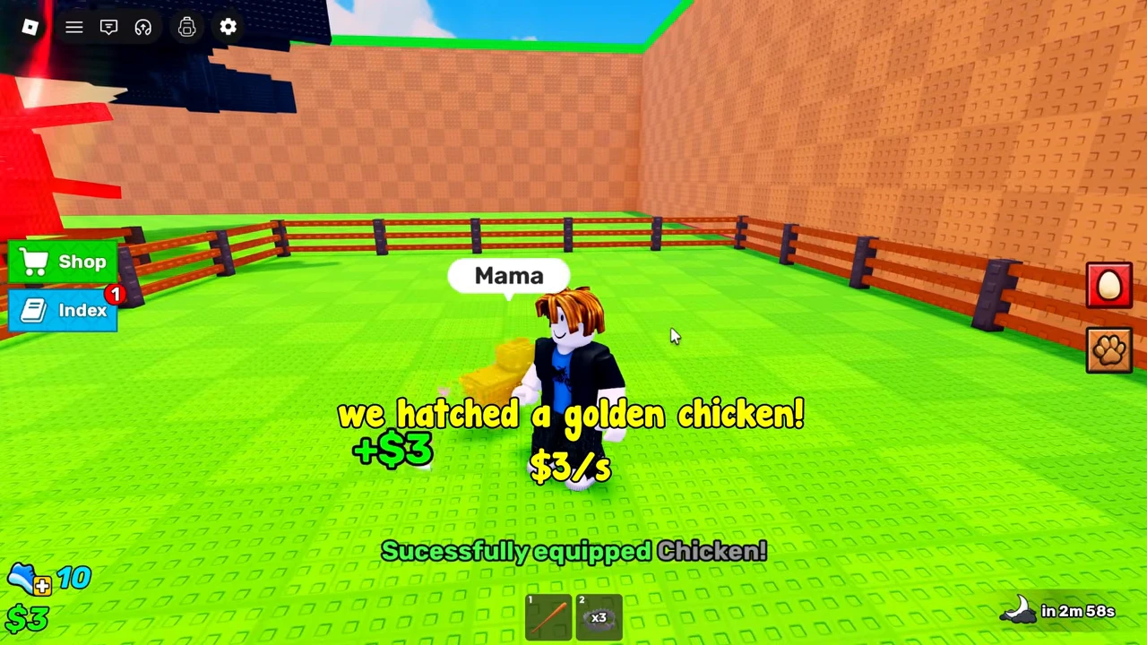 Chicken equipped confirmation with a cash gain beside the placed pet.