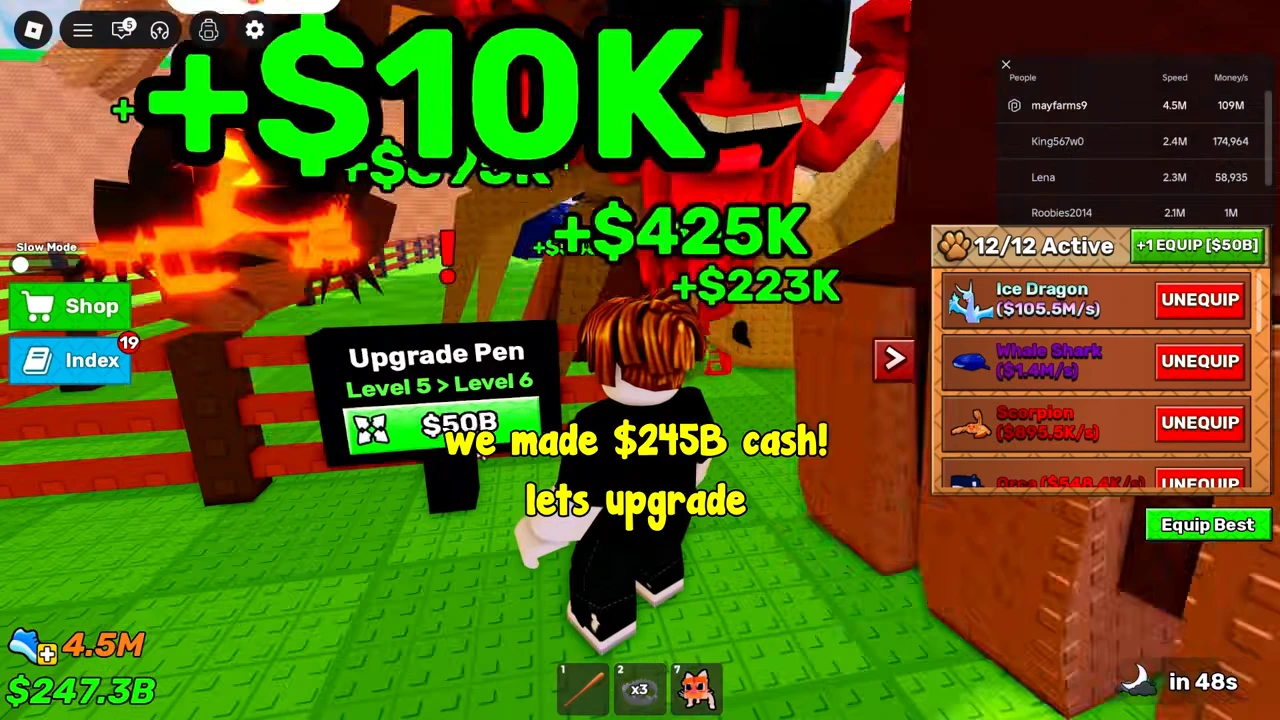 Level-five-to-six pen upgrade priced at $50B beside the pet panel showing twelve of twelve active and the same +1 EQUIP price.