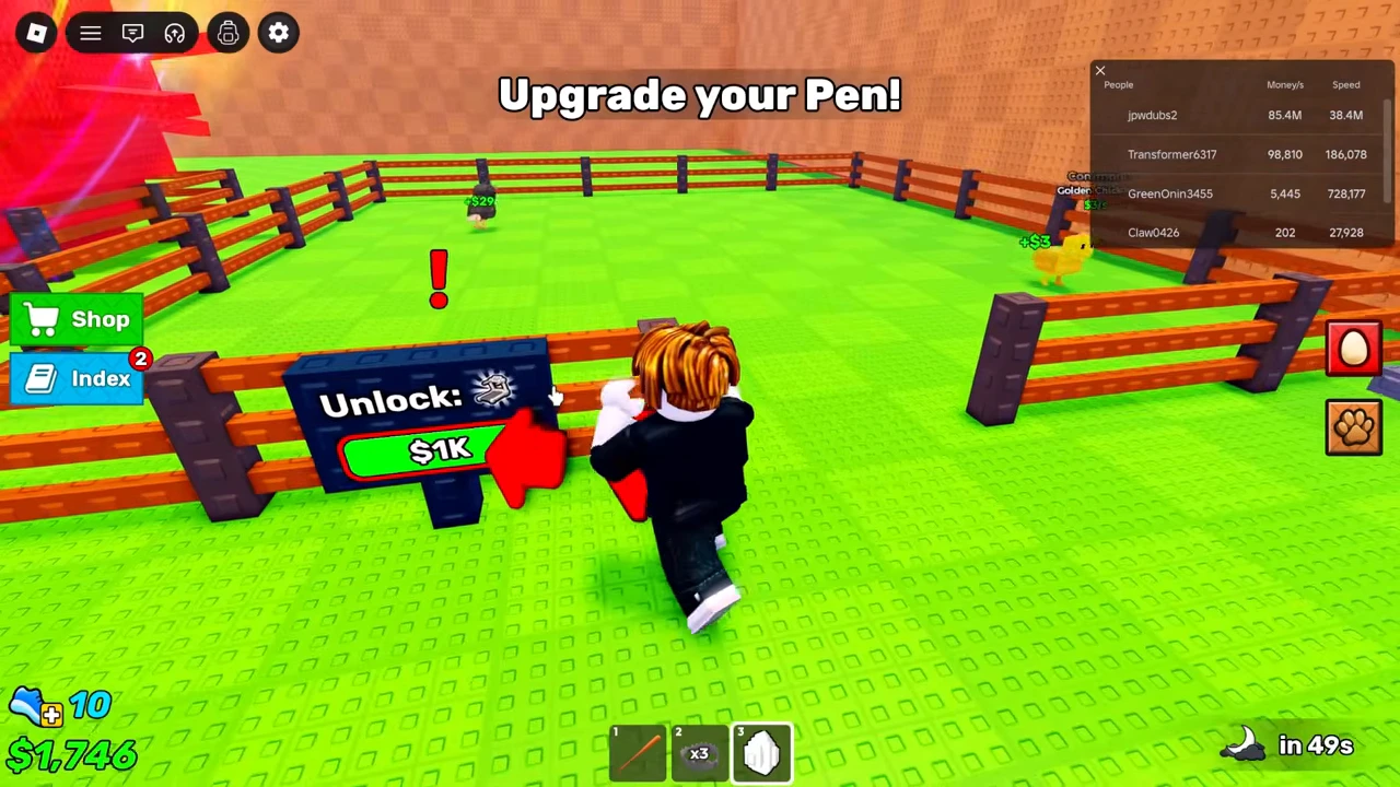 Pen entrance sign showing an Unlock button costing $1K.