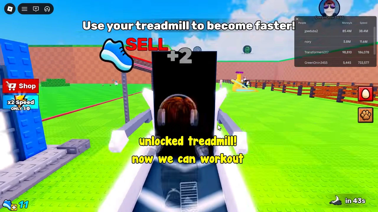 Player on the treadmill with a shoe icon and +2 gain, while the Speed total is visible at the lower left.