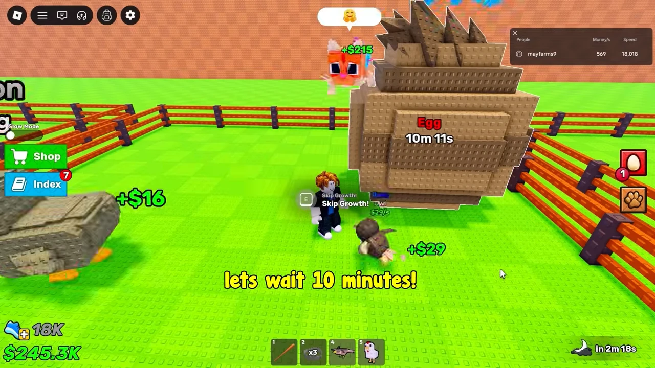 Tan spiked egg in the pen with a countdown and a Skip Growth interaction.