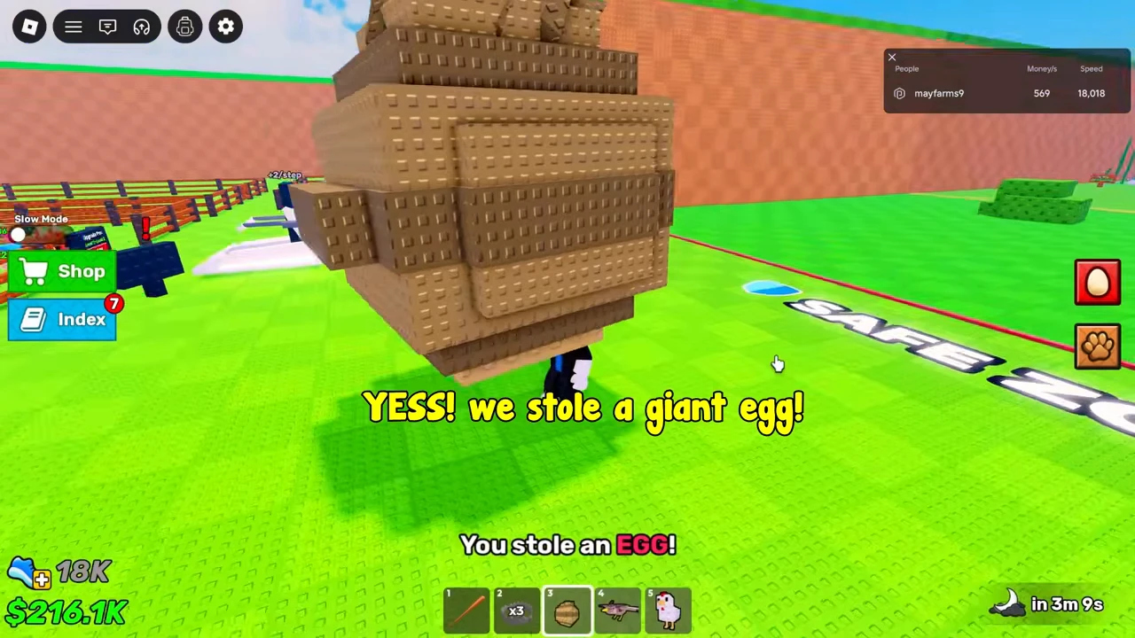 The native You stole an EGG confirmation appears after returning across the Safe Zone boundary with the tan egg.